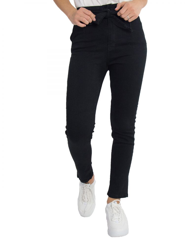 Γυναικείο μαύρο ψηλόμεσο τζιν παντελόνι με ζωνάκι 1